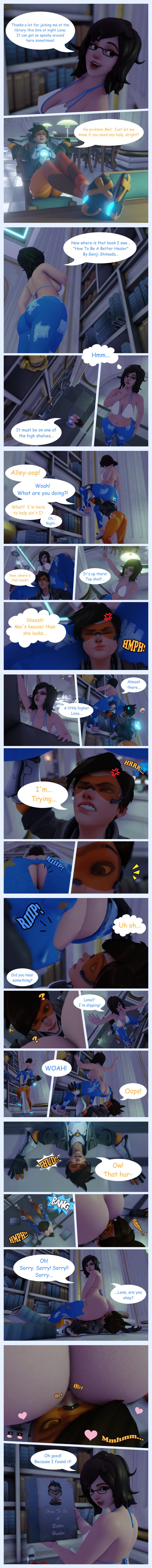 3d accidental_exposure accidental_facesitting ass blender butt_crack cheeks colchia comic facesitting mei_(overwatch) open_mouth overwatch ripped_clothing smothering speech_bubble tracer