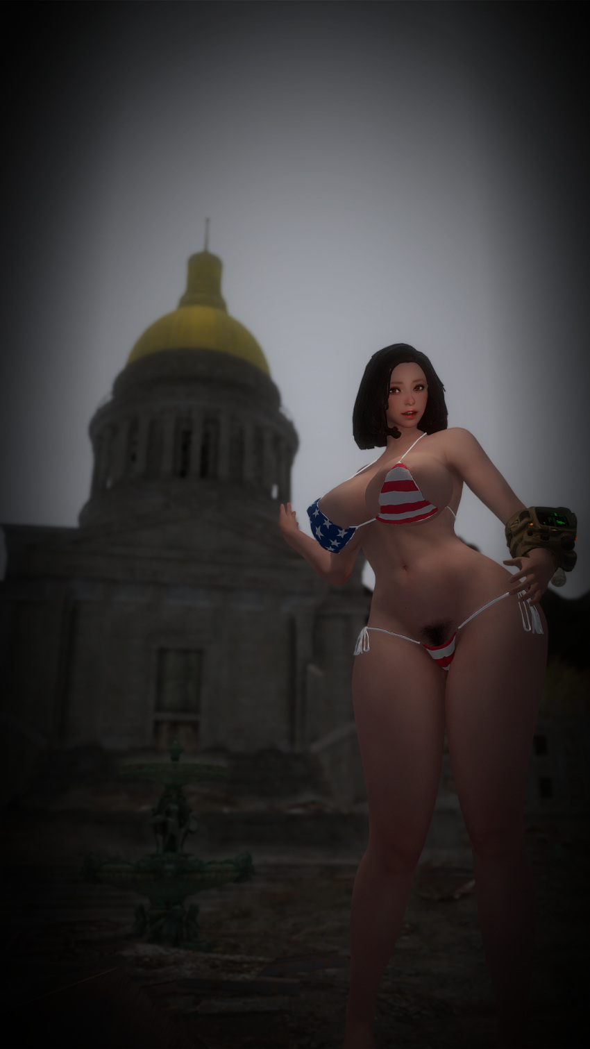 3d 4th_of_july bethesda_softworks casual clothing computer electronics emotrashcan fallout fallout_76 female flag_bikini human pale_skin pip-boy pubic_hair public pussy_visible_through_panties screenshot swimwear vault_dweller wristwear