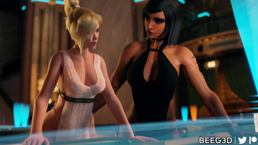 2girls 3d beeg3d big_breasts black_hair blizzard_entertainment blonde_hair blue_eyes brown_eyes brown_skin choker clothed clothed_female dark-skinned_female dress egyptian egyptian_female female fit fit_female interracial light-skinned_female mercy muscular muscular_female overwatch panties pharah tattoo yuri