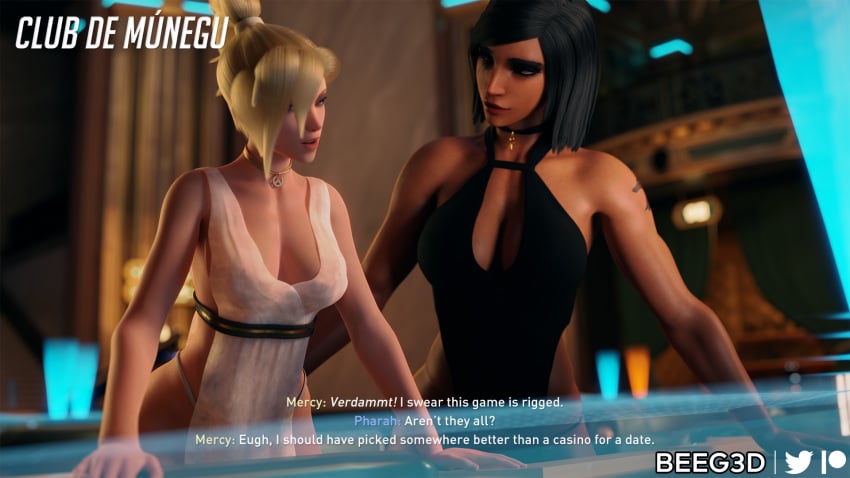 2girls 3d beeg3d big_breasts black_hair blizzard_entertainment blonde_hair blue_eyes brown_eyes brown_skin choker clothed clothed_female dark-skinned_female dark_skin dress egyptian egyptian_female english_text female female_only fit fit_female interracial light-skinned_female mercy muscular muscular_female overwatch panties pharah tattoo text yuri