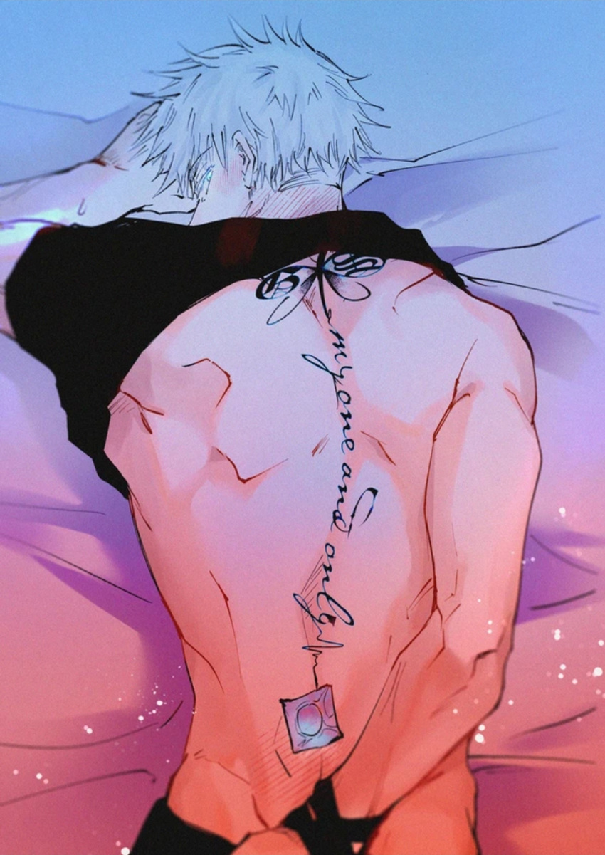 2023 back_tattoo back_view bed black_shirt blue_eyes blushing color colored condom condom_on_back eyes fuck_me_eyes hair hand_tied jujutsu_kaisen muscle muscles satoru_gojo shirt shirt_lift shirtless short_hair short_hair_male six_richman suggestive_look suggestive_pose sweatdrop tattoo tied_hands white_hair white_hair_male