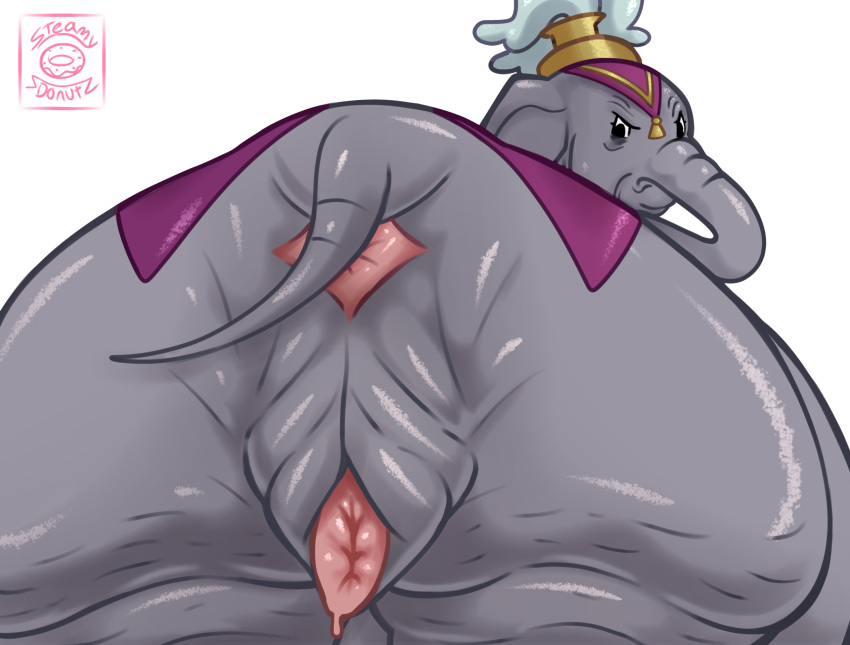 anatomically_correct anatomically_correct_genitalia anatomically_correct_pussy angry anus anus_peek ass belly big_butt bodily_fluids clothing disney dripping_pussy dumbo dumbo_(movie) elephant elephant_matriarch elephant_matriarch_(dumbo) elephant_pussy elephant_tail elephantid female feral feral_only genital_fluids genitals glistening glistening_body grey_body hat headgear headwear hi_res looking_at_viewer looking_back looking_back_at_viewer mammal mature_female mostly_nude older_female overweight presenting presenting_hindquarters presenting_pussy proboscidean proboscis_(anatomy) pussy pussy_juice solo steamydonutz stretch_marks trunk_(anatomy) wrinkles