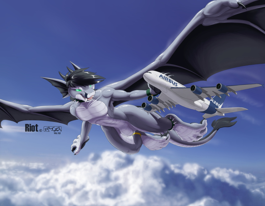 2017 above_clouds airbus airbus_a380 aircraft airplane anthro athletic athletic_anthro athletic_male big_feet big_penis claws cloud cloudscape collar dragon feet flying genitals grey_body grey_scales hair huge_feet kencougr long_canines macro male membrane_(anatomy) membranous_wings micro nude penis riot_(cougr) scales scalie sky solo spiked_collar spikes tail teeth wings