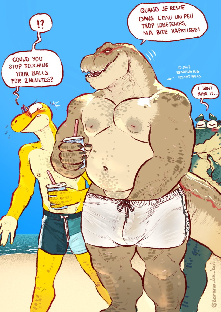 2023 5_fingers anthro banana_da_boi beach beverage blush claws clothing dan_(serex) digital_drawing_(artwork) digital_media_(artwork) dinosaur emanata english_text finger_claws fingers french_text hi_res holding_beverage holding_object louis_(serex) male male_only muscular muscular_anthro muscular_male navel nipples outside reptile scalie sea seaside sky speech_bubble standing swimming_trunks swimwear teeth text translated water