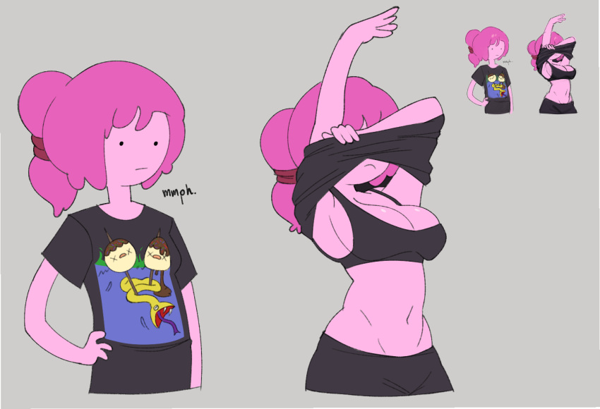 2_panel_comic adventure_time artist_request black_bra black_shirt bonnibel_bubblegum cartoon_network clothing comic female pajamas pink_body pink_hair pink_skin princess_bubblegum taking_clothes_off taking_off_shirt