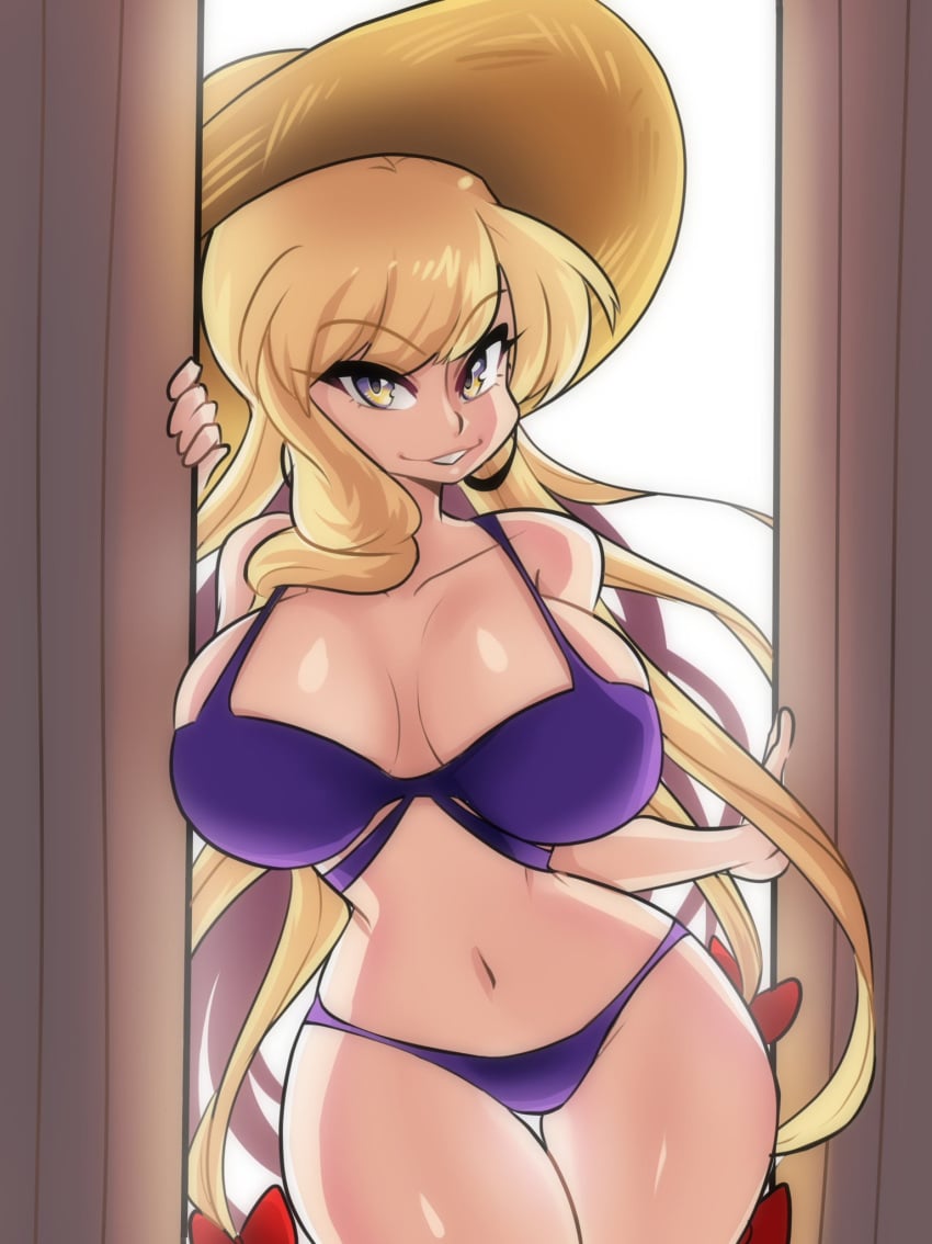 1girls big_breasts bikini blonde_hair cleavage curvy curvy_female light-skinned_female long_hair mature_female missandydandy shaded summer_hat thick_thighs thighs touhou touhou_lost_word yellow_eyes yukari_yakumo