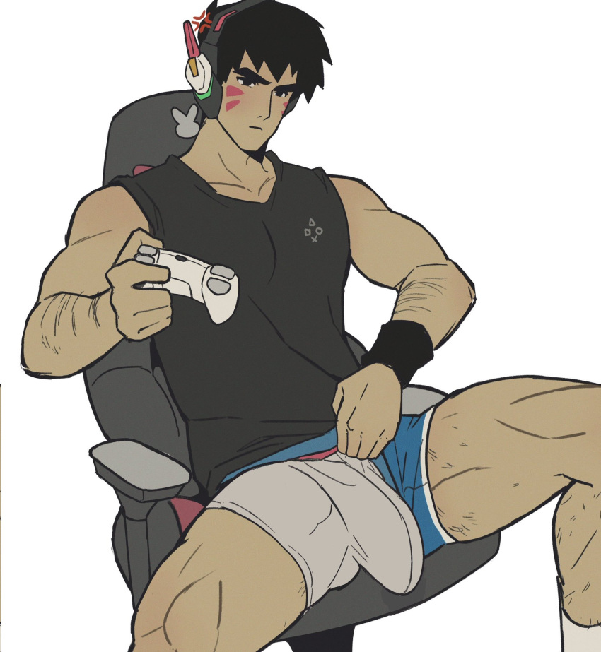 1boy angry annoyed arm_hair big_bulge black_shirt booty_shorts bulge bulge_through_clothing bushy_eyebrows d.va_(cosplay) dark_hair frown game_controller gaming_chair headphones lad male male_only manspreading muscular muscular_thighs overwatch shorts shorts_aside shorts_pull sitting sitting_on_chair sleeveless_shirt solo solo_male spread_legs toumaart underwear white_underwear wristband