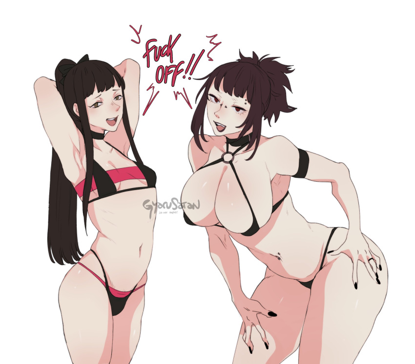 2girls arms_behind_head artist_name artist_signature big_breasts bikini black_fingernails black_hair breast_size_difference brown_hair choker english_text eyebrow_piercing female female_only grey_eyes gyarusatan hi_res long_hair looking_at_viewer navel_piercing nose_piercing o-ring o-ring_bikini ponytail red_eyes rin_(gyarusatan) sasha_(gyarusatan) small_breasts smiling smiling_at_viewer text thick_thighs watermark white_background