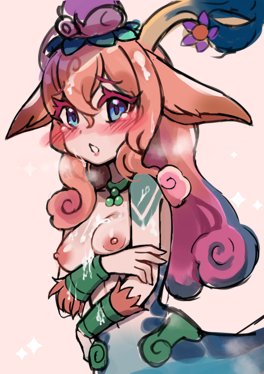 1girls animal_ears biyontran blue_eyes blush cum cum_on_body cum_on_face embarrassed hair_ornament league_of_legends lillia_(league_of_legends) looking_at_viewer nude open_mouth orange_hair presenting shan_hai_scrolls_lillia shan_hai_scrolls_series solo standing