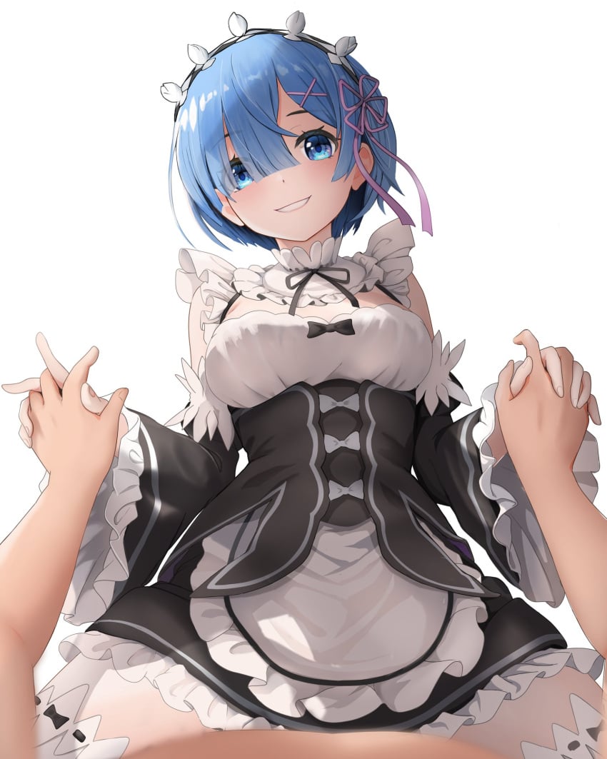 1boy 1girls 2020s 2023 :d bare_shoulders black_dress black_hairband blue_eyes blue_hair blunt_bangs blurry blush breasts collar cowgirl_position depth_of_field detached_collar detached_sleeves dress eyelashes eyes_visible_through_hair frilled_collar frilled_dress frilled_sleeves frills from_below gibun_(sozoshu) grin hair_ornament hair_over_one_eye hair_ribbon hairband head_tilt hi_res holding_hands interlocked_fingers light-skinned_female light-skinned_male light_skin long_sleeves looking_at_viewer maid male/female male_pov matching_hair/eyes medium_breasts neck_ribbon open_mouth pov pov_eye_contact purple_ribbon re:zero_kara_hajimeru_isekai_seikatsu red_ribbon rem_(re:zero) ribbon roswaal_mansion_maid_uniform sex short_dress short_hair smile solo_focus straddling straight straight-on teenage_girl teenager thighhighs vaginal_penetration white_background white_collar white_thighhighs wide_sleeves x_hair_ornament zettai_ryouiki