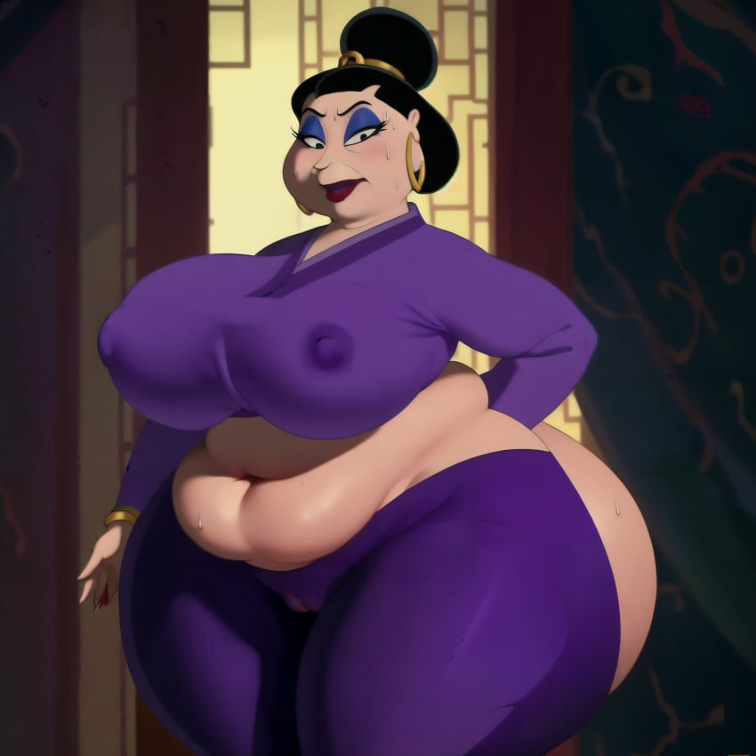 4k ai_generated ass background bbw belly belly_button big_belly black_hair breasts disney gilf gold_jewelry granny high_resolution highres hyper hyper_ass hyper_breasts jewelry large_ass large_breasts makeup matronai_(artist) mature mature_female mulan mulan_(1998_film) navel nipple_bulge obese obese_female old pinup pussy_bulge red_lipstick ssbbw stable_diffusion sweat sweaty sweaty_body sweaty_butt the_matchmaker thick_ass thick_thighs