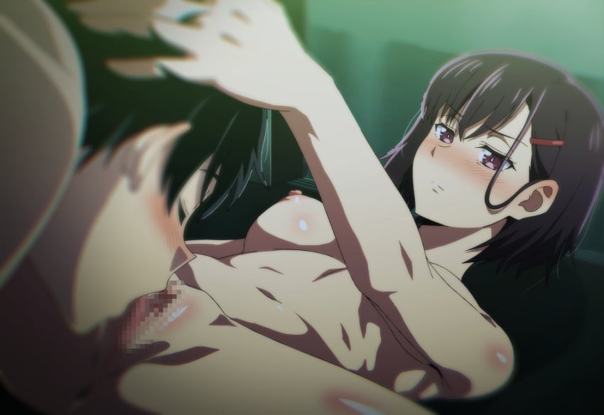 1boy akira_tendou asymmetrical_bangs black_hair blurry blush breasts canon_couple censored completely_nude cunnilingus depth_of_field english_commentary female foreshortening hair_behind_ear hair_ornament hairclip hand_on_another's_head hand_on_head highres jamesmikopi lying medium_breasts mikazuki_shizuka mosaic_censoring navel nipples nude on_back oral paid_reward_available pussy shiny_skin short_hair spread_legs straight tongue tongue_out zom_100_zombie_ni_naru_made_ni_shitai_100_no_koto