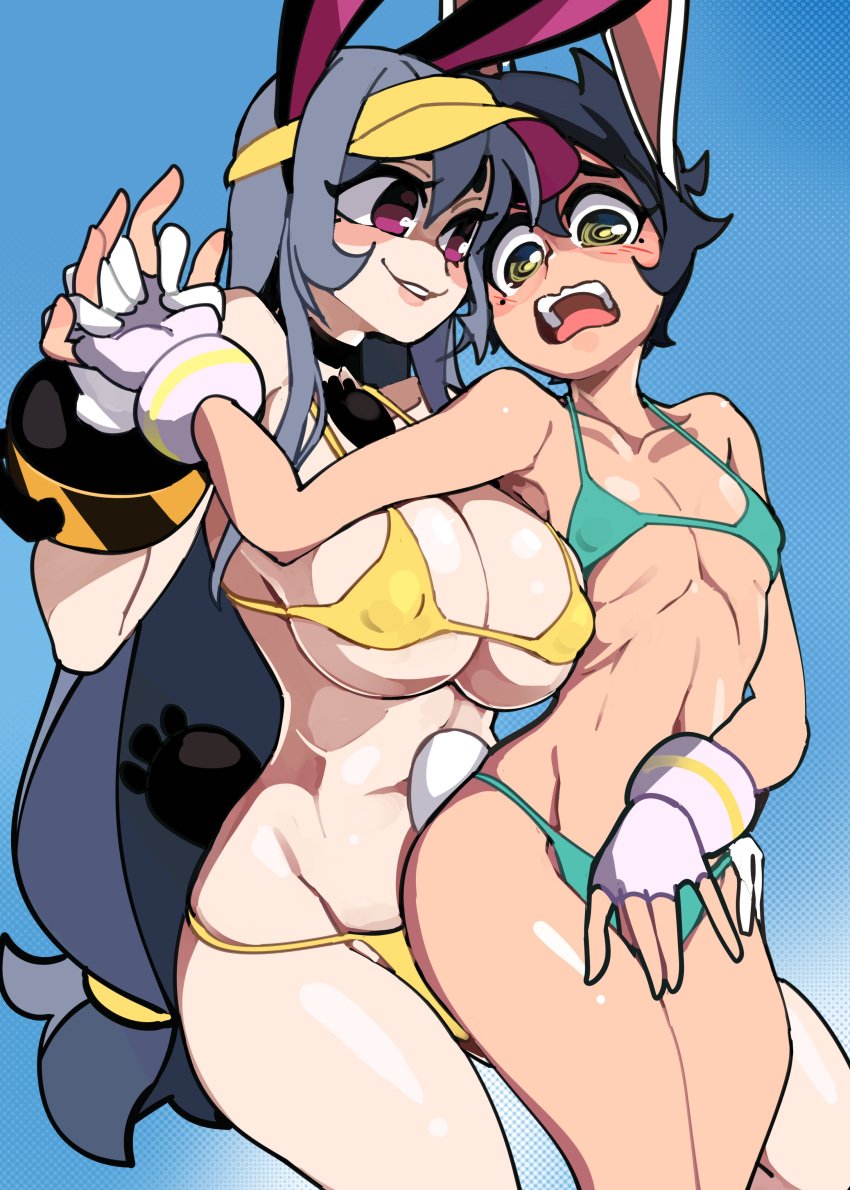 2girls absurd_res big_breasts bikini black_hair blue_background blush bongfillstudent breast_size_difference bunny_ears bunny_girl bunny_industry_(bongfillstudent) embarrassed female female_only fingerless_gloves flat_chest green_eyes grey_hair long_hair mole mole_under_eye nipple_bulge open_mouth pink_eyes smile tank_bunny_(bongfillstudent) tom_bunny_(bongfillstudent) tomboy wrist_cuffs yuri