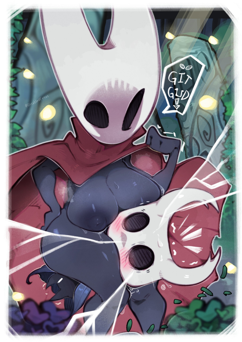 1boy 1girls 2d artist_name big_breasts cape disabledfetus hollow_knight hornet_(hollow_knight) incest mask nipples no_humans nsfw partially_clothed presenting protagonist_(hollow_knight) pussy squish standing text thick_thighs watermark