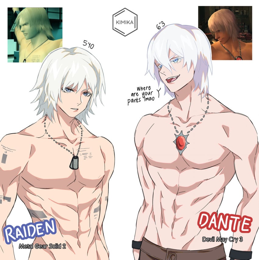 2boys abs arm_tattoo bishounen blue_eyes blush chest_tattoo completely_nude crossover dante_(devil_may_cry) devil_may_cry devil_may_cry_(series) devil_may_cry_3 highres jewelry kamika male_focus maria_mahika medium_hair metal_gear_(series) metal_gear_solid_2:_sons_of_liberty multiple_boys muscular muscular_male necklace nude pants raiden_(metal_gear) standing sweat tattoo