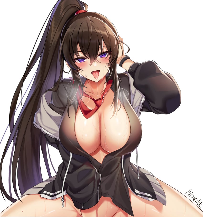 black_hair black_jacket black_shirt blush blush counter:side drool drool_string drooling hand_on_head hand_on_own_head highres jacket jacket_off_shoulders jacket_open maett no_skirt nsfw ponytail purple_eyes red_tie sweat sweating tagme tie tongue tongue_out visible_breath yoo_mina