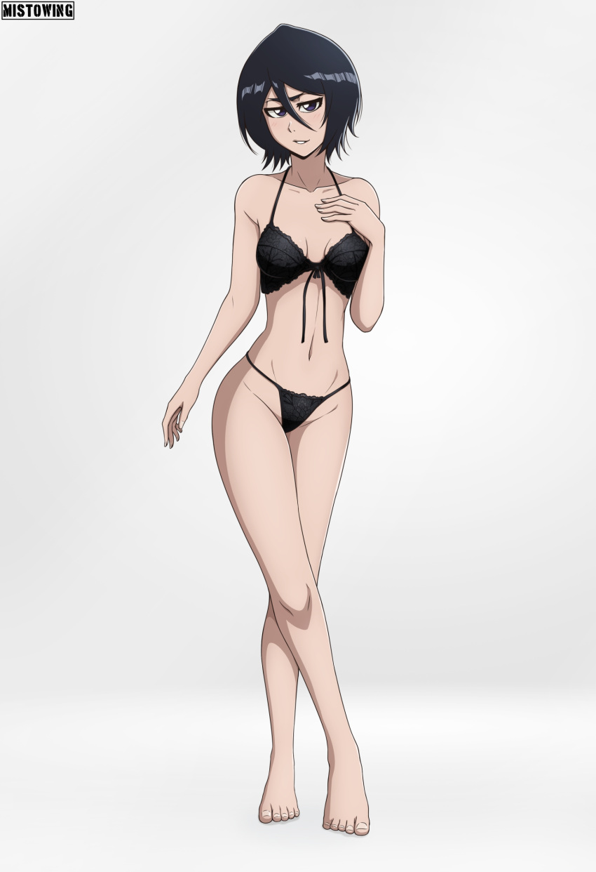 1girls artist_name bare_legs bare_shoulders barefoot black_bra black_hair black_panties black_underwear bleach blue_eyes blush bra breasts brown_eyes clavicle clothing crossed_legs feet female full_body hair_between_eyes hand_on_chest hand_on_own_chest high_resolution kuchiki_rukia legs legs_together lingerie looking_at_viewer matching_underwear mistowing navel pantsu petite short_hair simple_background small_breasts smile solo standing thong toenails toes underwear white_background wide_hips