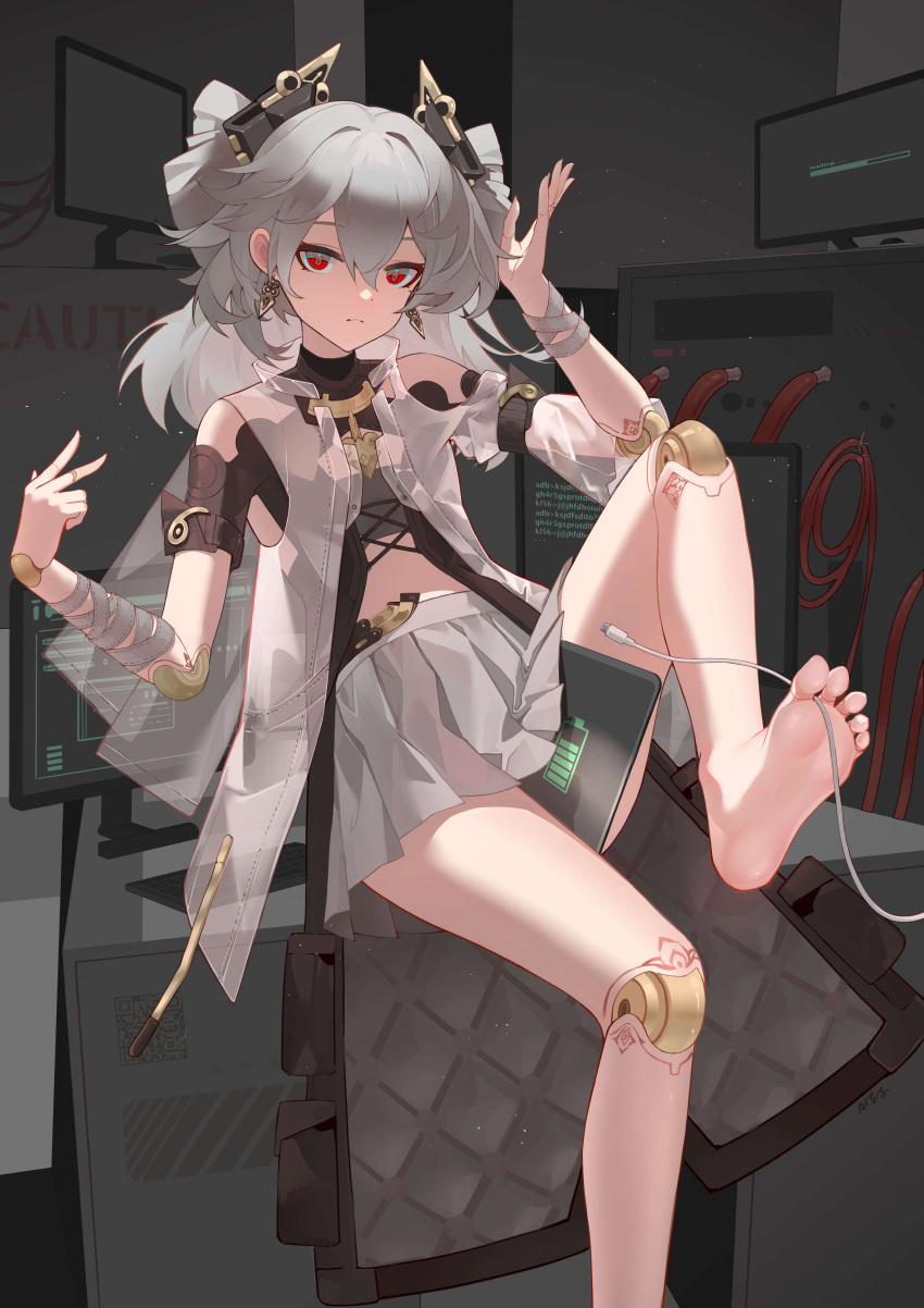 absurdres ai_dongdong barefoot between_legs between_toes charger closed_mouth clothing computer dress drill_hair earrings feet female grey_dress grey_hair grey_skirt hair_ornament highres honkai_(series) honkai_impact_3rd jewelry keyboard_(computer) looking_at_viewer monitor prometheus_(honkai_impact) red_eyes see-through see-through_dress sitting skirt soles solo tablet_pc toes twin_drills