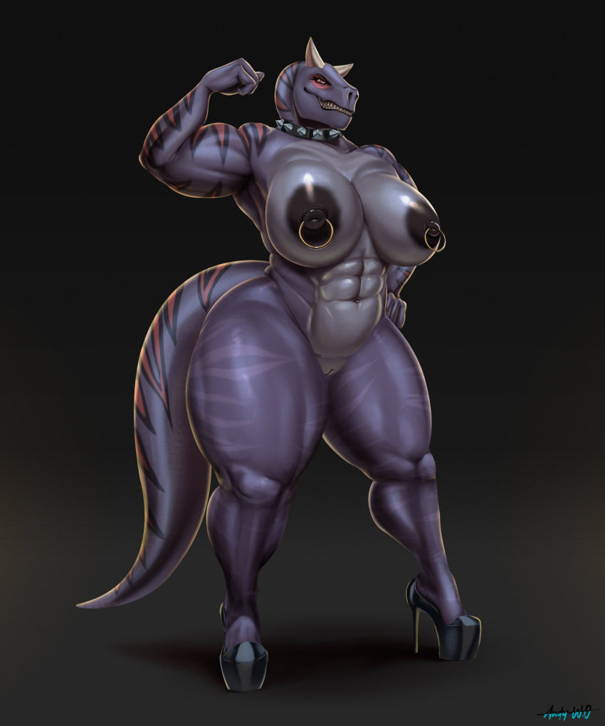 abelisaurid abs absurd_res anthro areola biceps big_breasts black_areola black_nipples breasts carnotaurus clothing collar collar_only curvy_figure dinosaur dinosaur_girl facial_piercing female flexing footwear furgonomics furry-specific_piercing genitals glistening glistening_body glistening_breasts glistening_thighs hi_res high_heels horn huge_breasts huge_thighs jacqueline_crowlie_(feldspartan) mr_dark_and muscular muscular_female nipple_piercing nipple_ring nipples non-mammal_breasts non-mammal_nipples nude piercing purple_body purple_scales pussy reptile ring_piercing scales scalie solo spiked_collar spikes standing stripes theropod thick_thighs voluptuous wide_hips