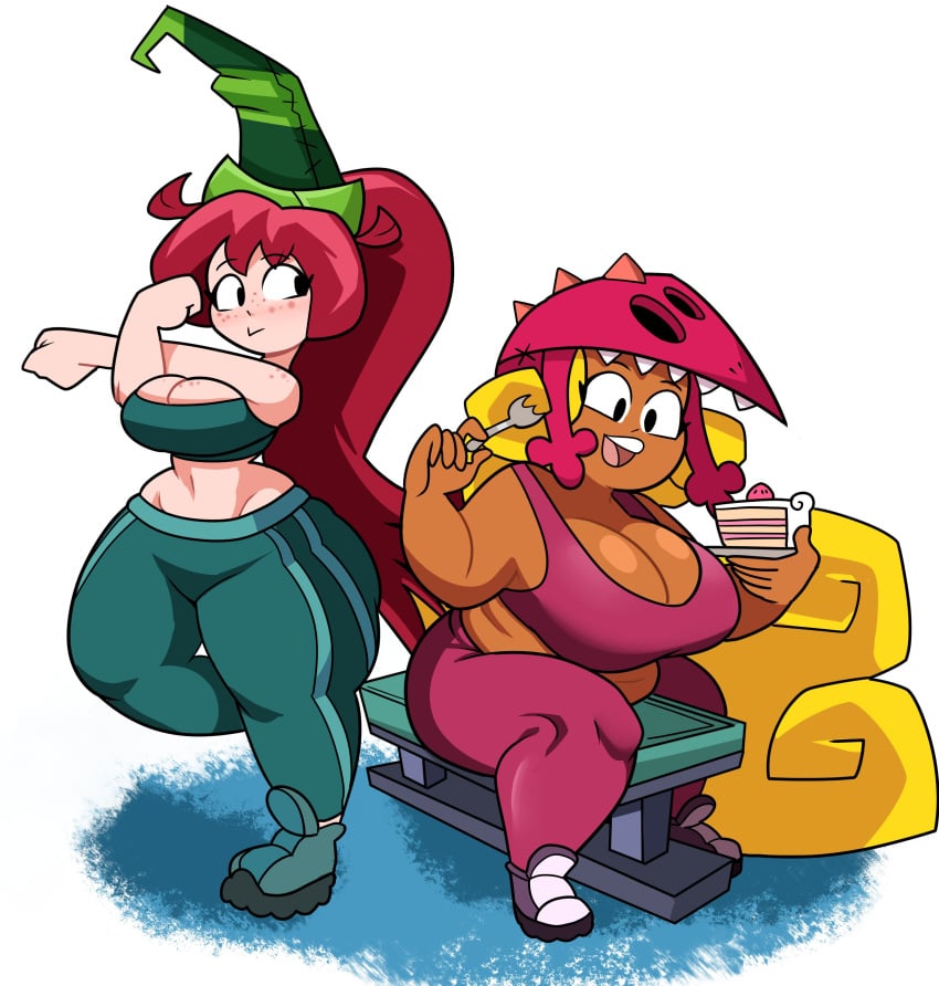 2girls ass belly_button betilla_(rayman) blonde_hair breasts cake chubby cleavage crop_top edith_up_(rayman) hat holding_object huge_breasts looking_at_another nymph_(rayman) rayman_(series) rayman_origins red_hair sitting stretching superspoe tagme thick_thighs wide_hips workout