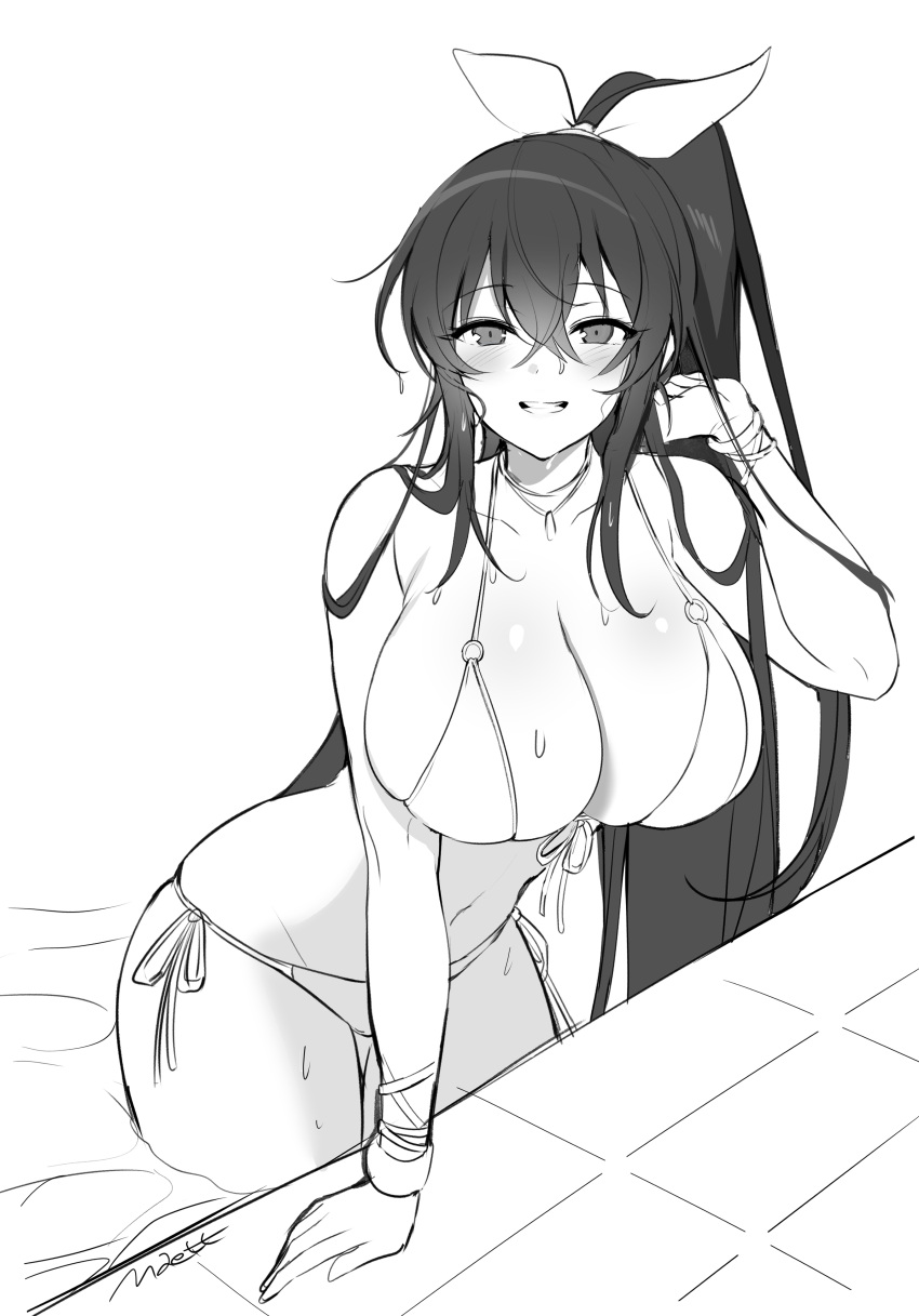 :d absurdres arm_support artist_name bikini blush bracelet breasts cleavage counter:side crossed_bangs female from_above front-tie_bikini_top front-tie_top greyscale grin hair_between_eyes hair_ribbon halterneck hand_up highres huge_breasts jewelry leaning_forward long_hair looking_at_viewer lowleg lowleg_bikini maett monochrome necklace o-ring o-ring_bikini open_mouth ponytail poolside ribbon side-tie_bikini_bottom sidelocks smile solo string_bikini swimsuit very_long_hair wading wet wet_hair wristband yoo_mina