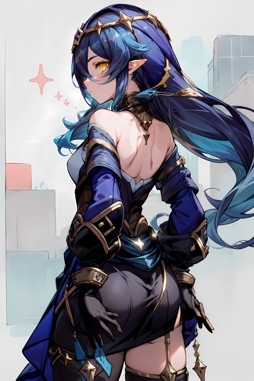 ai_generated ass ass_grab blue_hair blush breasts circlet deep_skin detached_sleeves female from_behind genshin_impact gloves layla_(genshin_impact) long_hair looking_at_viewer medium_breasts orange_eyes pointy_ears shiny shiny_clothes shiny_hair sideboob skirt solo thighhighs very_long_hair