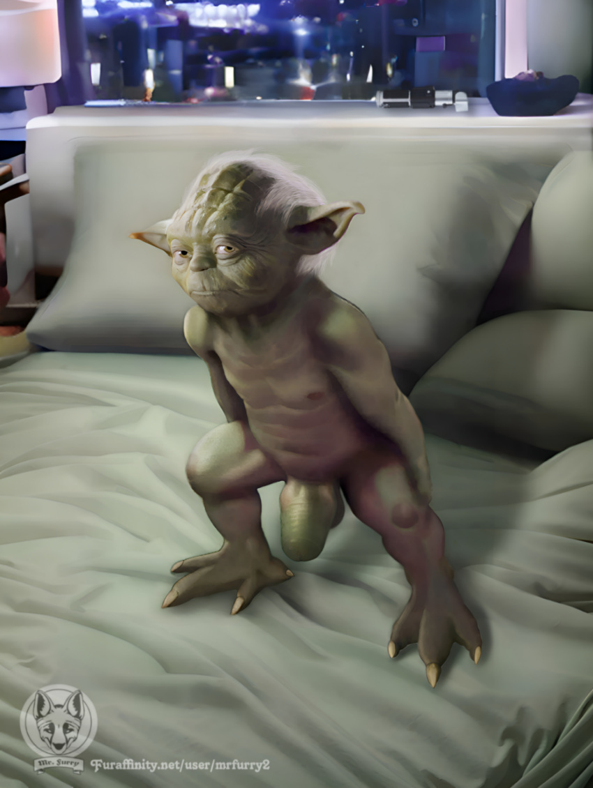 1boy alien apartment background balding bed bedroom claws completely_nude furaffinity genitals grey_hair hair indoors looking_at_viewer male male_only mr_furry2 night nude nude_male nudity old_man on_bed penis short_hair shortstack signature solo solo_male standing star_wars thick_penis url what window wtf yoda yoda's_species