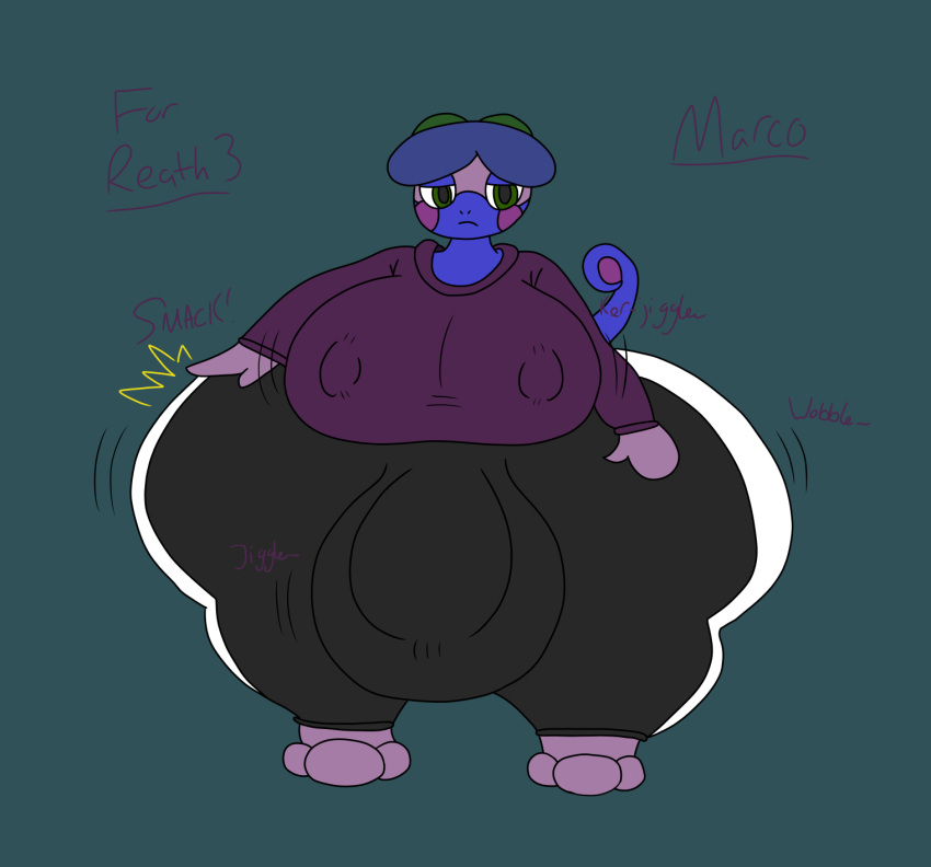 anthro ass big_breasts big_bulge big_butt big_nipples black_bottomwear black_clothing black_pants black_sweatpants blank_expression blue_background blue_body blue_tail bottomwear breasts bulge butt_slap chasey_ultra_beast_goodra clothing collaboration curled_tail drizzile flat_colors front_view generation_8_pokemon green_eyes hand_on_butt hi_res hoodie huge_breasts huge_bulge huge_butt huge_nipples huge_thighs hyper hyper_breasts hyper_bulge hyper_butt hyper_thighs intersex jiggling marco_(reathe) nintendo nipple_outline nipples pants pokemon pokemon_(species) purple_body purple_clothing purple_hoodie purple_topwear reathe simple_background slap solo tail thick_thighs tight_clothing topwear wobbling