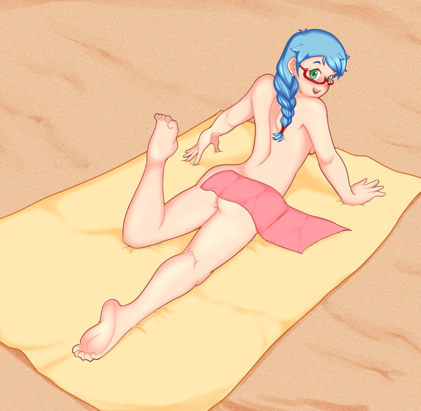 1girls ass barefoot beach blue_hair braided_hair breasts completely_nude completely_nude_female covering covering_ass female female_only glasses long_hair nude nude_female solo summer_(undercoverskeleton) towel uc-four