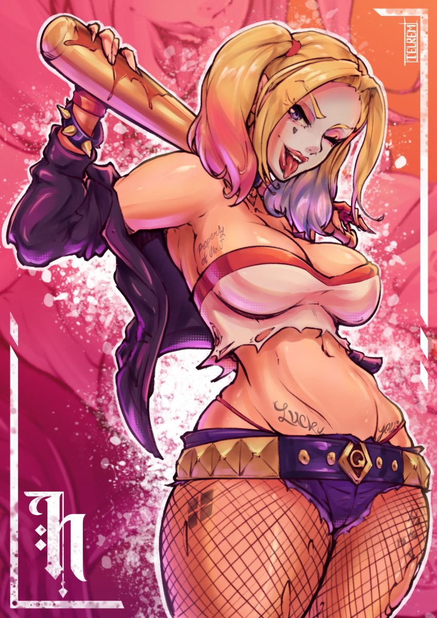 1girls big_thighs choker clothed crop_top dc dyed_hair harley harley_quinn jacket leather_jacket leggings makeup ripped_clothing tattoo telrem thong tongue_out winking_at_viewer