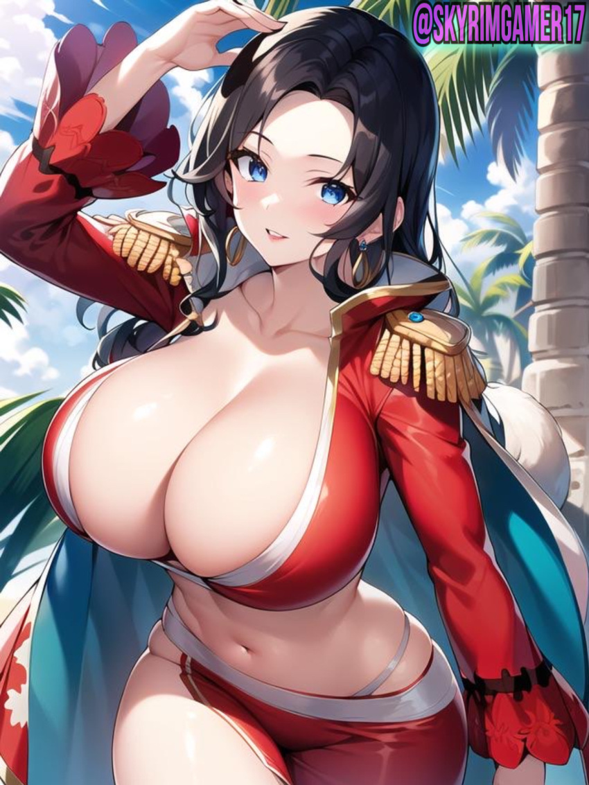 ai_generated beach bikini black_hair blue_eyes blue_sky boa_hancock close-up cumulonimbus_cloud curvaceous curvy curvy_body curvy_female curvy_figure curvy_hips earrings female female_only forehead gigantic_breasts high_resolution highres long_hair looking_at_viewer nai_diffusion narrow_waist navel ocean one_piece palm_tree peace_sign pov skyrimgamer17 smiling_at_viewer stable_diffusion thick_hips thick_thighs voluptuous voluptuous_female wet wet_body wet_breasts wide_hips