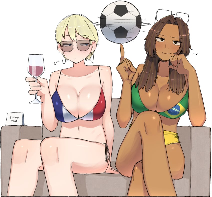 2d 2girls alcohol big_breasts bikini blonde_hair blue_eyes blush brazil brazil_(ohasi) brazilian brazilian_flag_bikini breasts breasts_bigger_than_head brown_skin couch dark-skinned_female dark_skin drunk duo female female_focus female_only flag_bikini flag_print football france france_(ohasi) french french_flag_bikini glasses glasses_on_head grin humming latina long_hair looking_at_viewer mole mole_under_eye navel ohasi short_hair smile smug soccer swimsuit wine