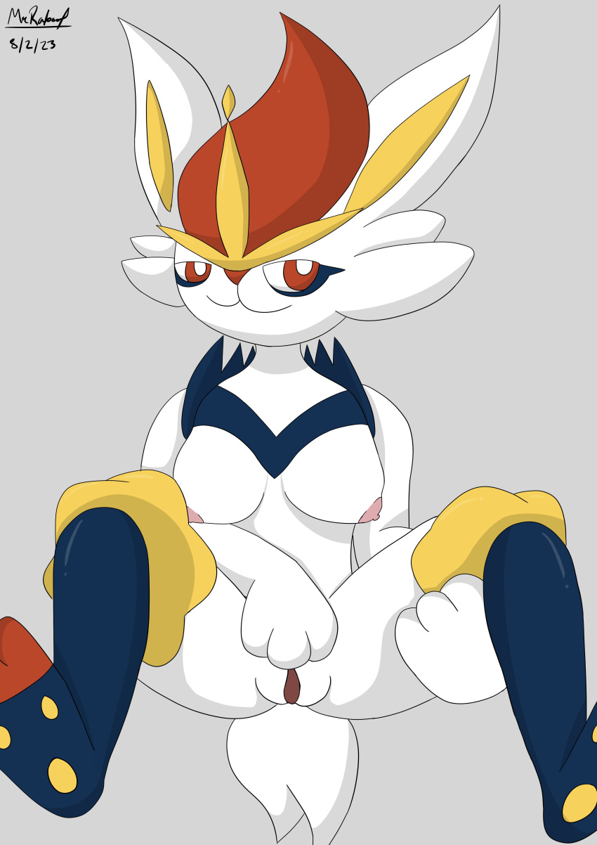 2023 absurd_res aceburn anthro areola ass breasts cinderace dated digital_media_(artwork) female fur generation_8_pokemon genitals hand_on_pussy hi_res humanoid leg_grab legs_up looking_at_viewer looking_pleasured masturbation mrraboot narrowed_eyes nintendo nipples nude pokemon pokemon_(species) pussy shaded signature simple_background simple_shading smile solo spread_legs spreading tail vaginal_penetration white_body white_fur