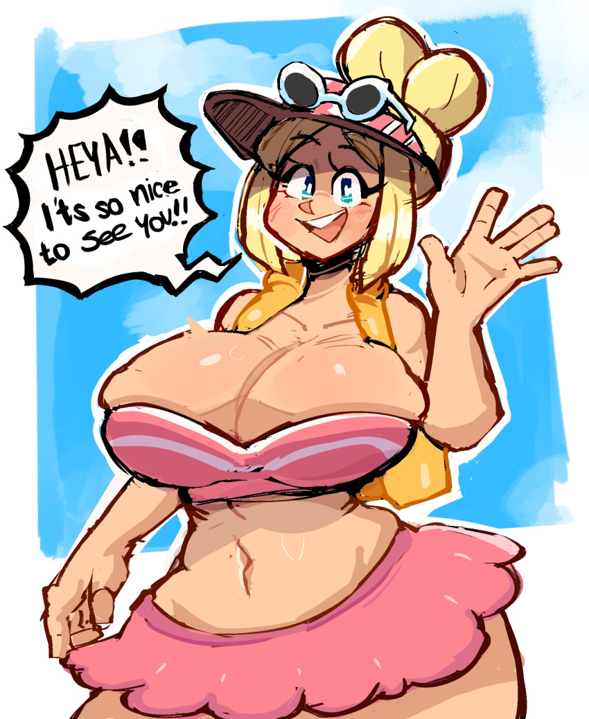 1girls 2023 beach belly belly_button big_breasts blonde_female blonde_hair blue_eyes breasts busty cap child_bearing_hips cleavage clothing coraline_(mii_plaza) curvy curvy_female curvy_figure female female_focus female_only glasses_on_head huge_breasts looking_at_viewer midriff mii nintendo skirt solo solo_female solo_focus strapless strapless_bra streetpass_mii_plaza talking_to_viewer text thin_waist viennais8 visor_cap wide_hips