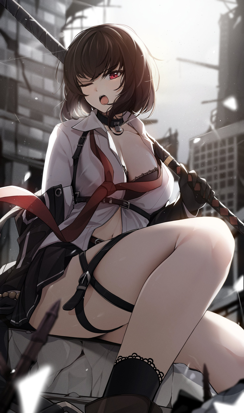 absurdres black_hair bra breasts choker cleavage counter:side ddangbi female gloves highres holding holding_sword holding_weapon joo_shiyoung lock loose_necktie navel necktie no_sex one_eye_closed open_mouth padlock padlocked_collar red_eyes sfw skirt solo sword thighs underwear weapon