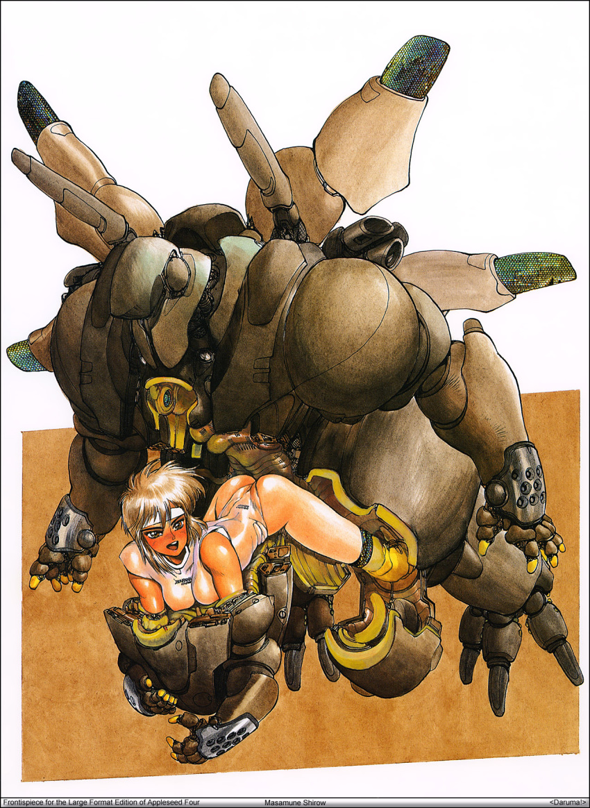 all_fours appleseed ass bent_over breasts brown_eyes brown_hair deunan_knute headband high_res highres intron_depot leotard mech_suit mecha mechanical_wings oppai riding robot robot_boy seductive_pose sexually_suggestive shirou_masamune shirow_masamune short_hair suggestive_pose white_background