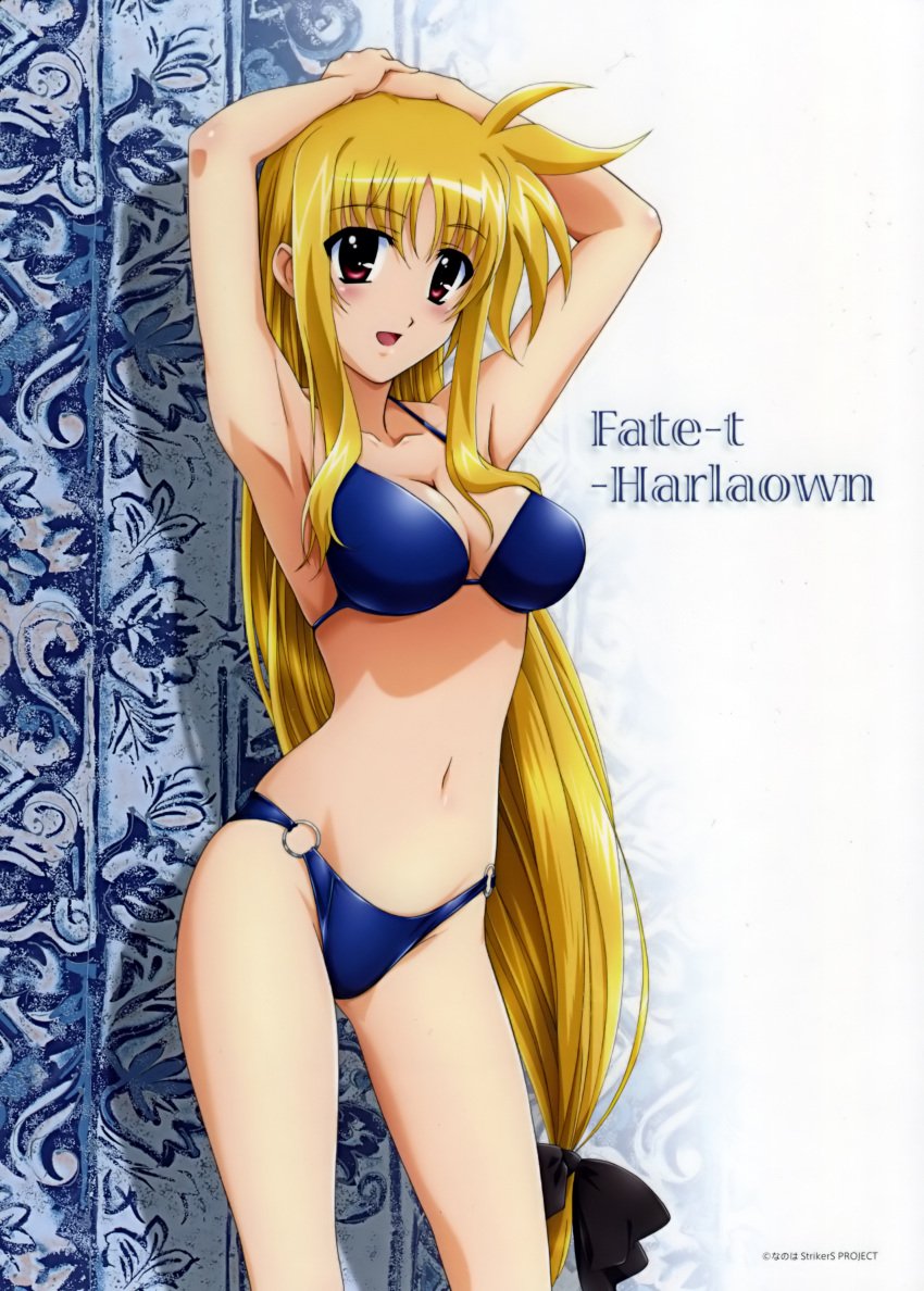 1girls armpits arms_up bikini blonde_hair breasts cleavage fate_testarossa female high_resolution long_hair low-tied_long_hair lyrical_nanoha mahou_shoujo_lyrical_nanoha mahou_shoujo_lyrical_nanoha_strikers mizugi okuda_yasuhiro photoshop red_eyes solo swimsuit very_long_hair