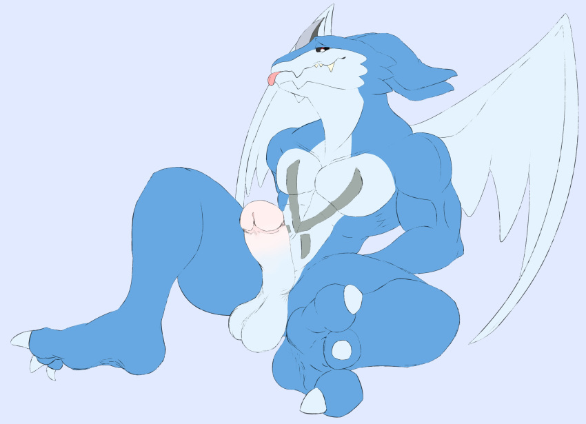 absurd_res anthro blue_body claws digimon digimon_(species) exveemon feet foot_focus genitals hi_res horn humanoid humanoid_genitalia male male_only matidramon muscular muscular_male navel nude pecs penis pose red_eyes solo wings