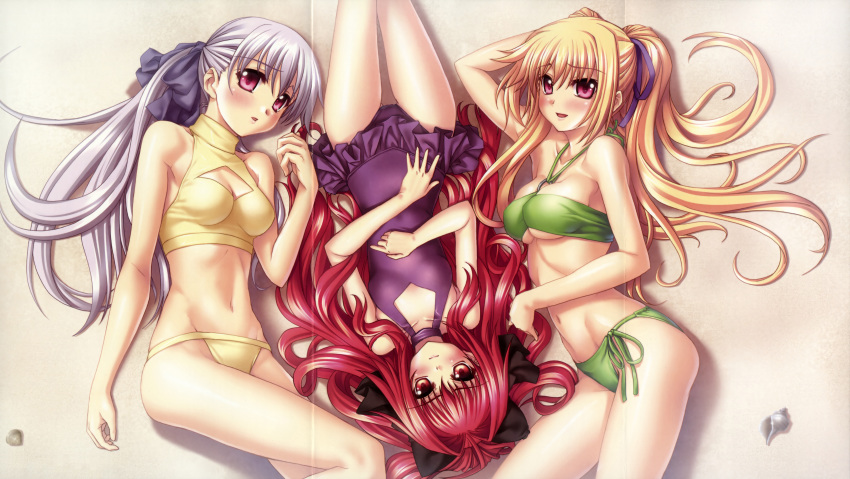 beach bikini blonde_hair blush breasts casual_one-piece_swimsuit cleavage cleavage_cutout corticarte_apa_lagranges crease embarrassed flat_chest frilled_swimsuit frills from_above hair_intakes hair_ribbon high_resolution hyperdimension_neptunia kannatsuki_noboru large_breasts legs lineup long_hair lowleg lowleg_bikini lying mizugi multiple_girls official_art on_back on_side one-piece_swimsuit open_mouth outdoors pink_eyes ponytail red_eyes red_hair ribbon scan seashell shell shinkyoku_soukai_polyphonica shitapai siblings side-tie_bikini silver_hair sisters smile sports_bikini swimsuit take_your_pick thigh_gap tied_hair turtleneck twintails underboob very_long_hair yugiri_perserte yugiri_princesca