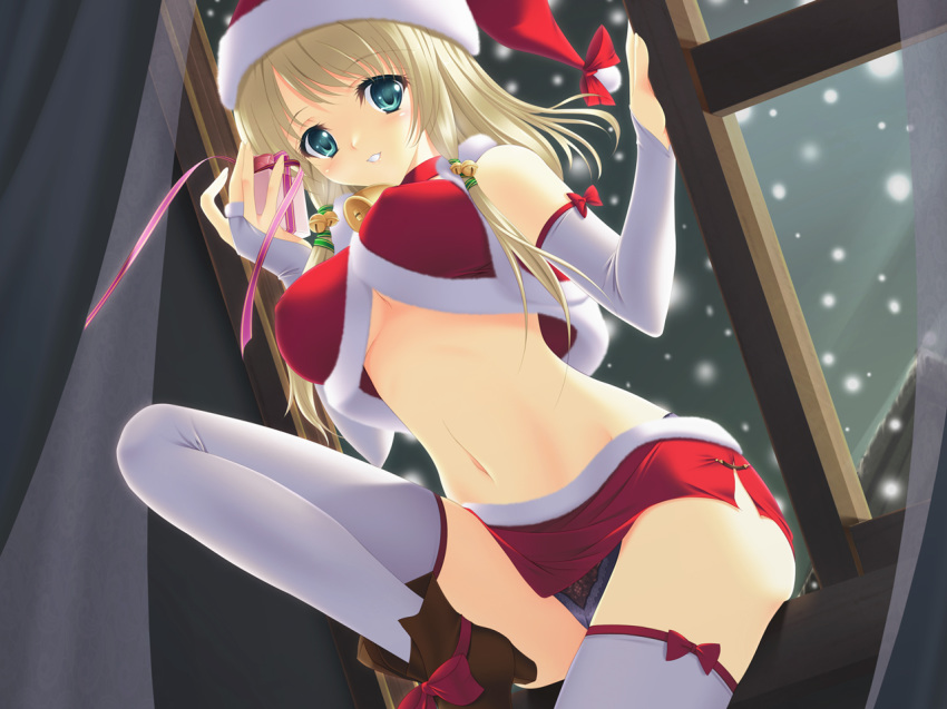 1girls black_panties blonde_hair blue_eyes boots breasts christmas cleavage female hat long_hair miniskirt nakano_sora oppai panchira panties pantyshot ribbon santa_costume santa_hat shitapai skirt solo thighhighs underboob underwear wallpaper