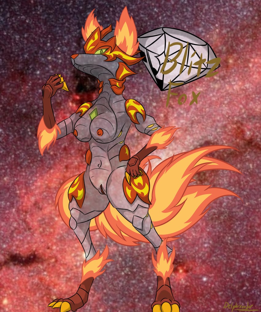 absurd_res alien anthro bakugan blitz_fox_(bakugan) canid canine claws delphixander digitigrade female fire flaming_ears flaming_tail fox genitals hi_res mammal nipples pussy red_nipples solo space tail translucent translucent_body