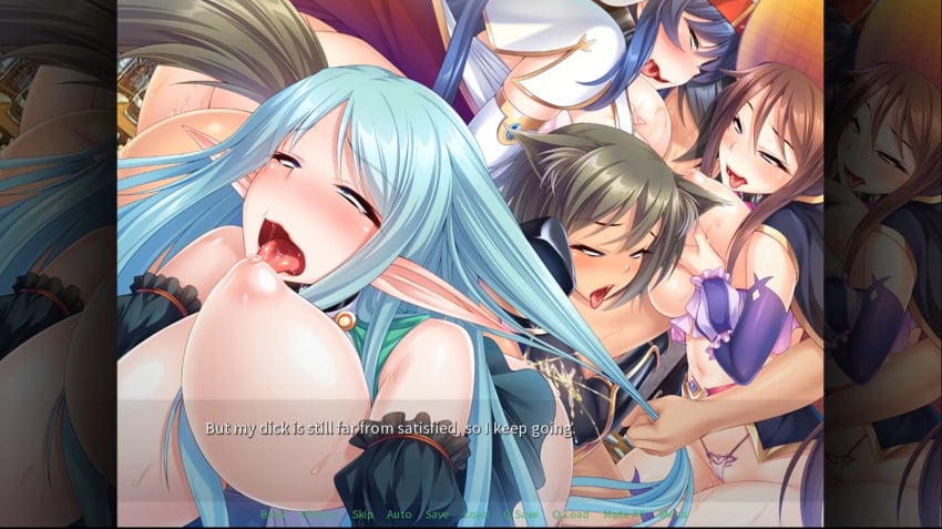 4girls airi_(harem_hunter:sex-ray_vision) big_breasts blue_hair brown_hair elf green_hair grey_hair harem harem_hunter:sex-ray_vision luka_(harem_hunter:sex-ray_vision) moa_(harem_hunter:sex-ray_vision) multiple_girls nina_(harem_hunter:sex-ray_vision) nude nun pussy visual_novel wolf_ears