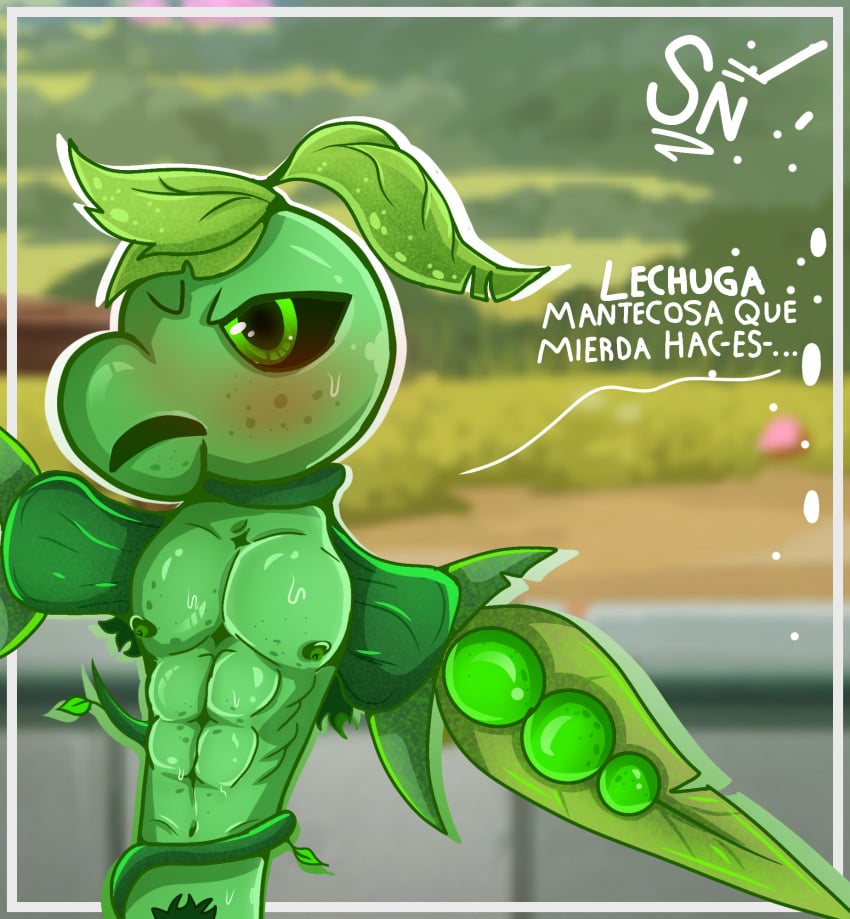 anthro blush boy gay green_body green_eyes green_skin headbutter male male_only muscles muscular muscular_male nipples pea pea_(food) peashooter_(pvz) plant plantie plants_vs_zombies pubic_hair pvz spanish_text toony