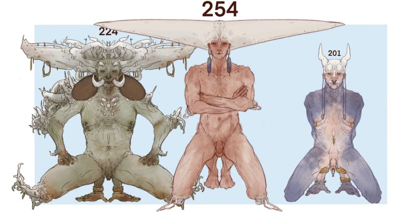 2022 6_nipples alien alien_humanoid anklet blue_background border brown_body claws countershade_torso countershading crossed_arms digitigrade ear_piercing ear_ring front_view furgonomics furry-specific_piercing genitals grey_body group hands_behind_back hi_res horn horn_piercing horned_humanoid humanoid jewelry kneeling looking_at_viewer male male_only molvno multi_nipple navel nipples nude number opposable_toe pale_skin penis piercing ring_piercing simple_background trio white_border wrinkles