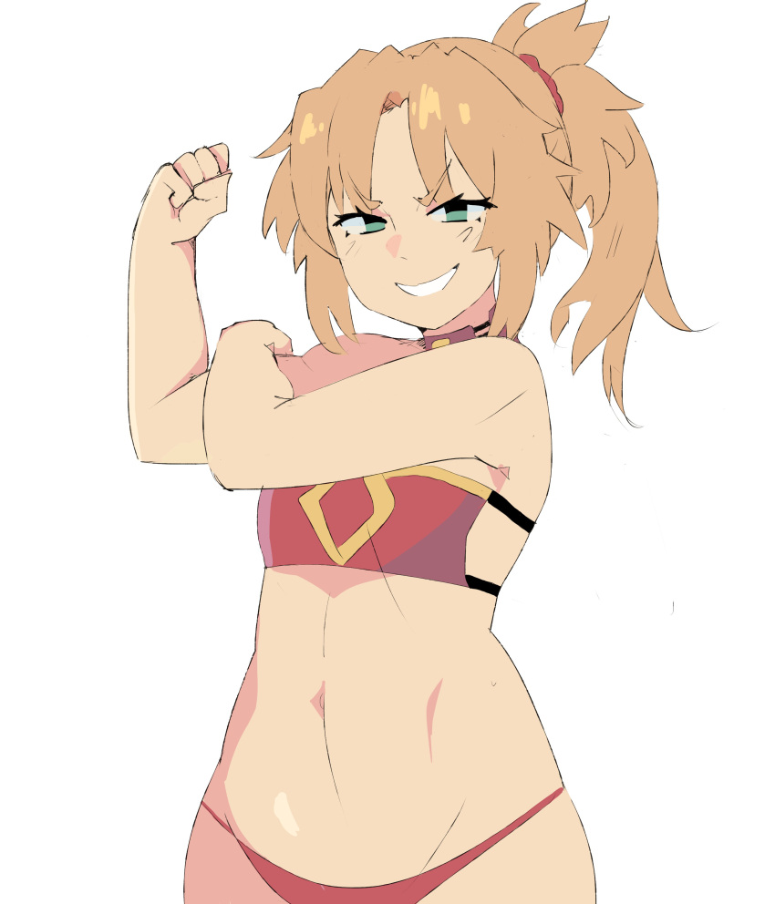 1girls belly fate_(series) flexing green_eyes mordred_(fate) muscles napolitane navel sequence smug tagme yellow_hair