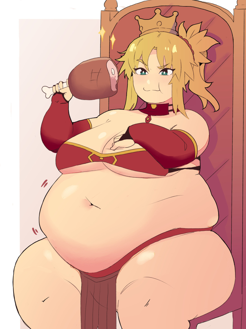 1girls big_breasts crown eating fat fate_(series) huge_belly mordred_(fate) napolitane obese overweight_female sitting_on_throne smug tagme throne weight_gain yellow_hair