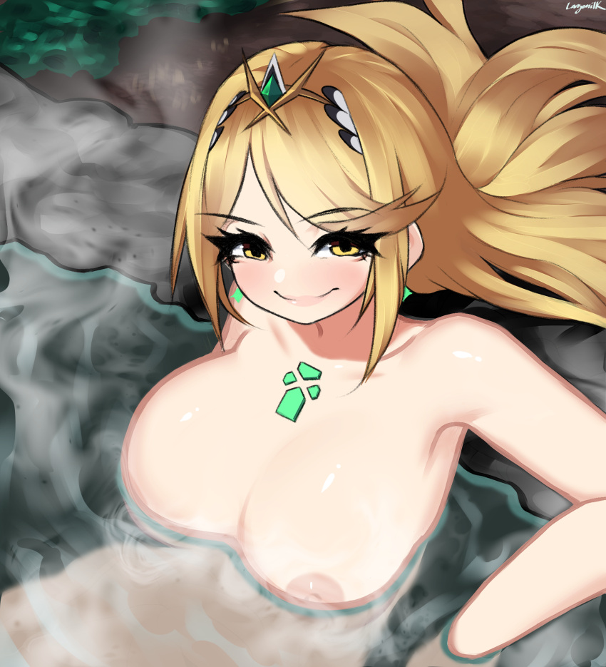 areolae bath blonde_hair blush breasts completely_nude completely_nude_female core_crystal largemilk looking_at_viewer mythra nipples nude nude_female onsen smile tiara xenoblade_(series) xenoblade_chronicles_2 yellow_eyes