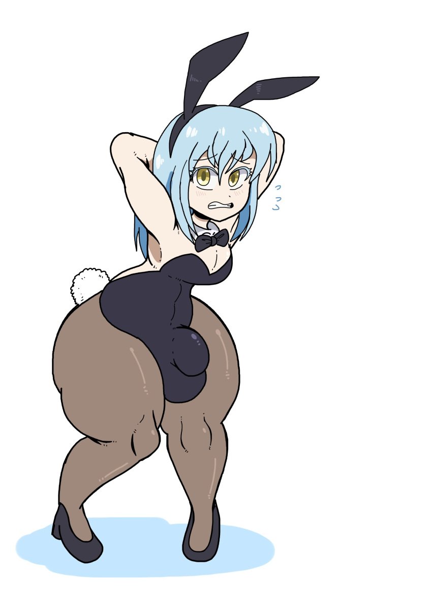 1boy arms_behind_head balls balls_bulge big_thighs blue_hair blush bottom_heavy bunny_ears bunnysuit heels huge_hips huge_thighs hung_trap large_thighs male pantyhose penis penis_bulge penis_visible_through_clothing poopishness rimuru_tempest solo_male tensei_shitara_slime_datta_ken thick_thighs thighs