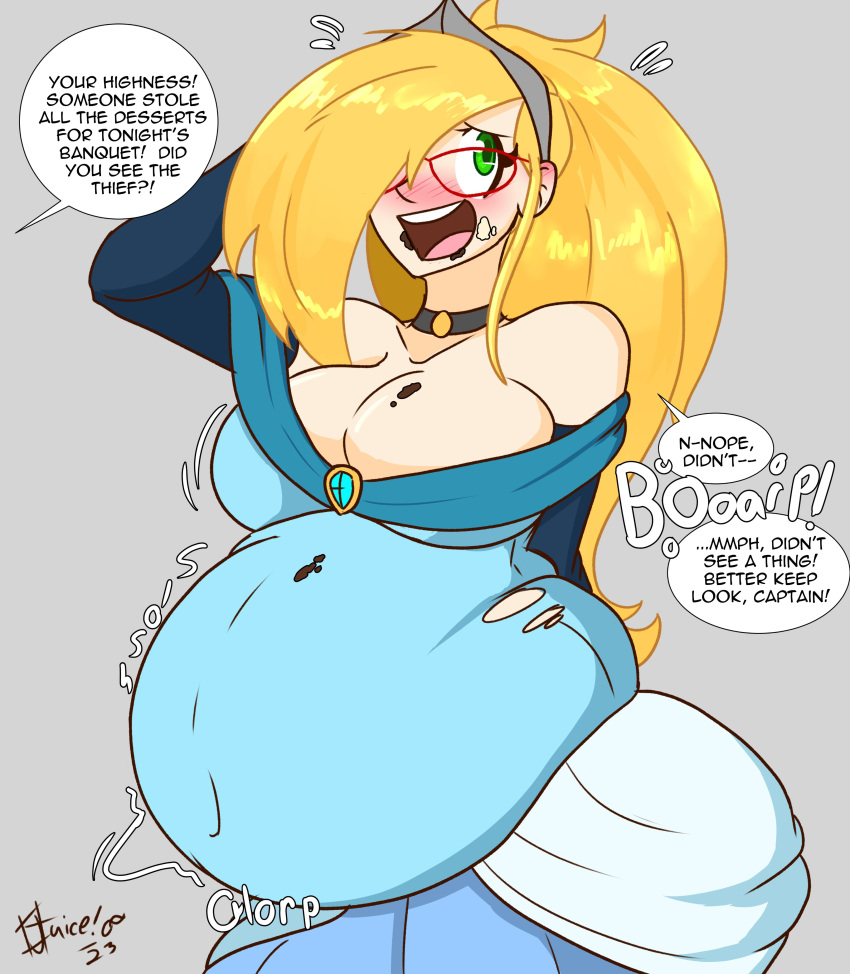 1girls 1other after_eating bloated_belly blush_lines blushing daisy_(juice_inyoureye) digestion_noises english english_text glasses green_eyes huge_belly huge_breasts juice_inyoureye(artist) looking_away offscreen_character princess_dress stomach_noises tagme tiara weight_gain yellow_hair