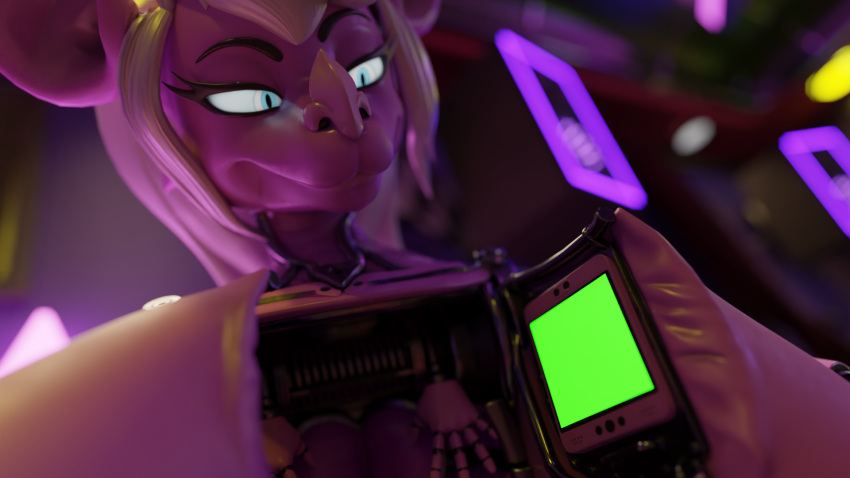 3d animatronic anthro bat close-up female female_focus green_screen hi_res looking_down machine mammal mayosplash narrowed_eyes robot solo squint standing vladeline